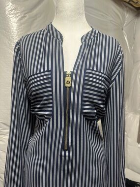 Michael Kors Navy & White Striped Zip-Front Blouse